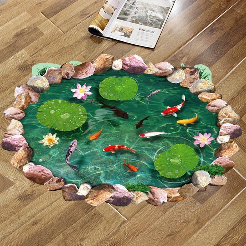 BIBITIME 3D Floor Stickers 22.83" x 34.84" Stone Pool Lotus Flower Carp Fishes Wall Decal for Kitchen Bathroom Tile Sticker Living Room Bedroom Kids Room Decor Art Mural Peel and Stick - Image 5